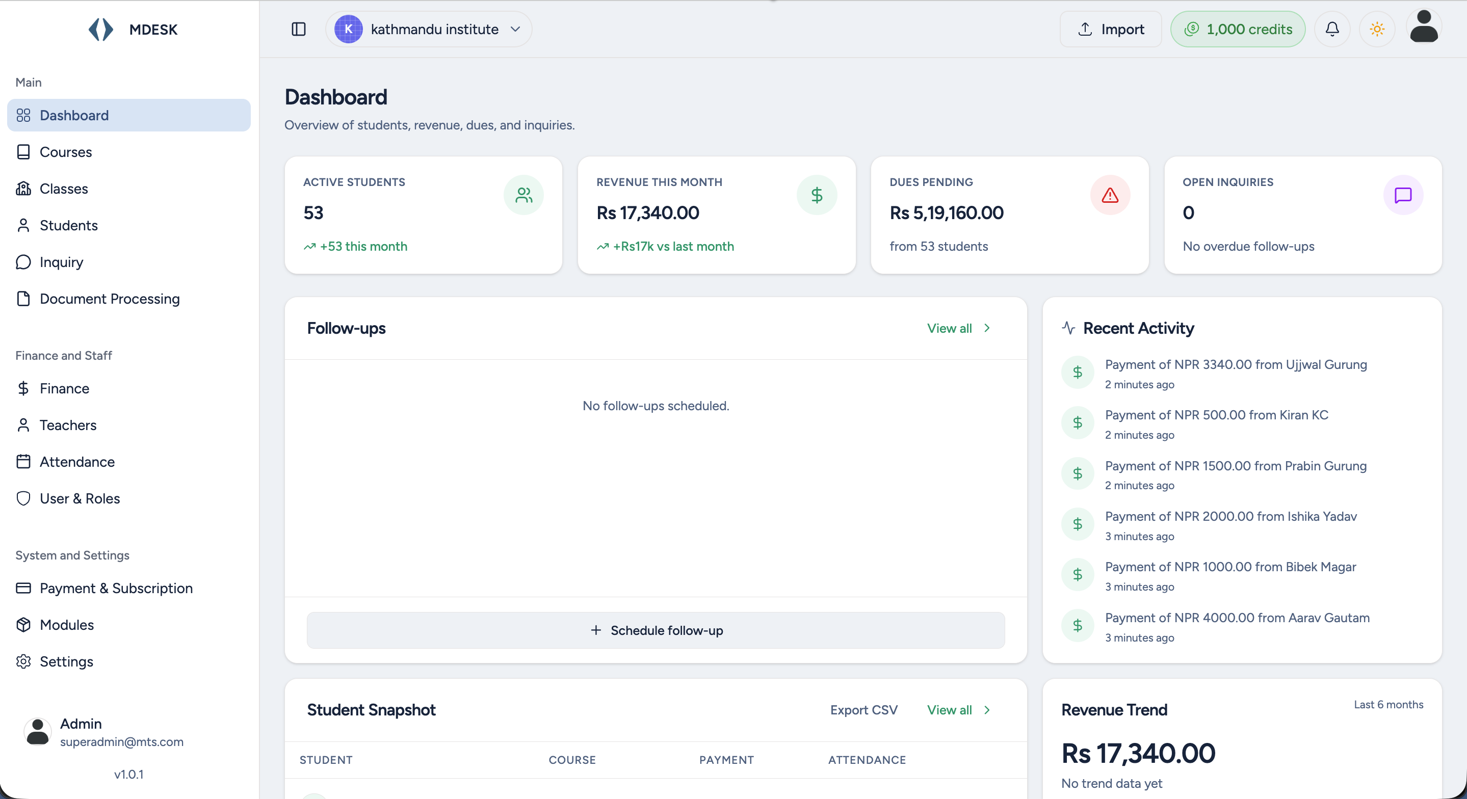MDESK dashboard